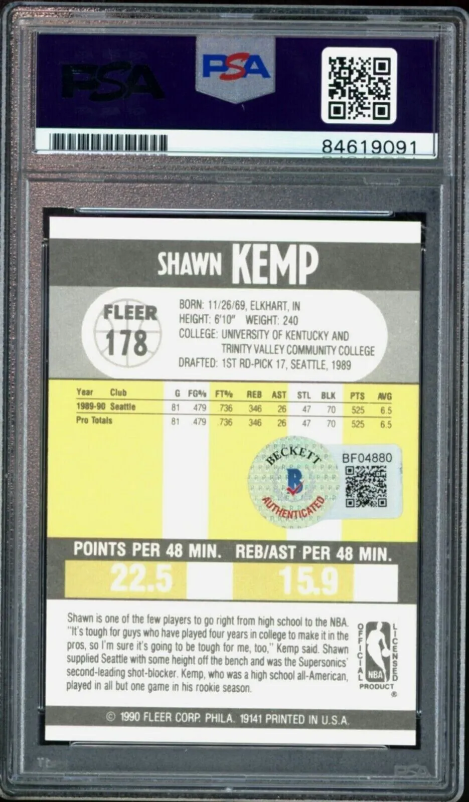 1990 Fleer #178 Shawn Kemp RC Rookie Supersonics PSA/DNA Auto GEM MINT 10