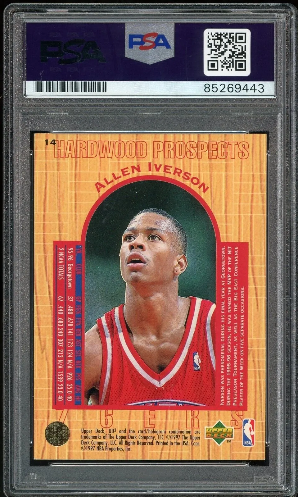 1996 Upper Deck UD3 #14 Allen Iverson RC Rookie On Card PSA/DNA Auto GEM MINT 10