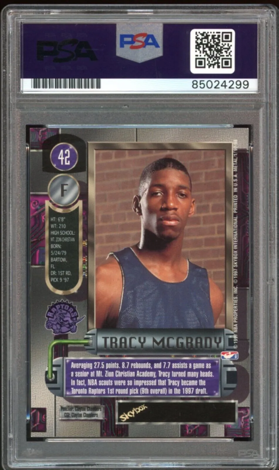 1997 Metal Universe #42 Tracy McGrady RC Rookie On Card PSA/DNA Auto GEM MINT 10