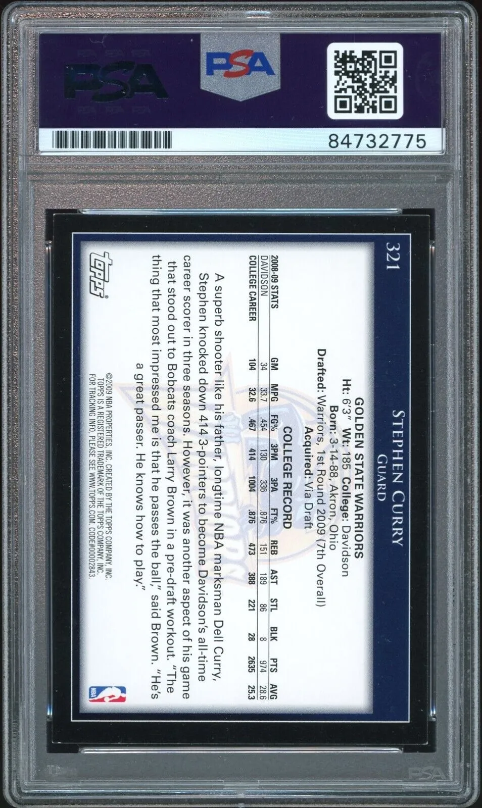2009 Topps #321 Stephen Curry RC Rookie On Card PSA/DNA Auto GEM MINT 10