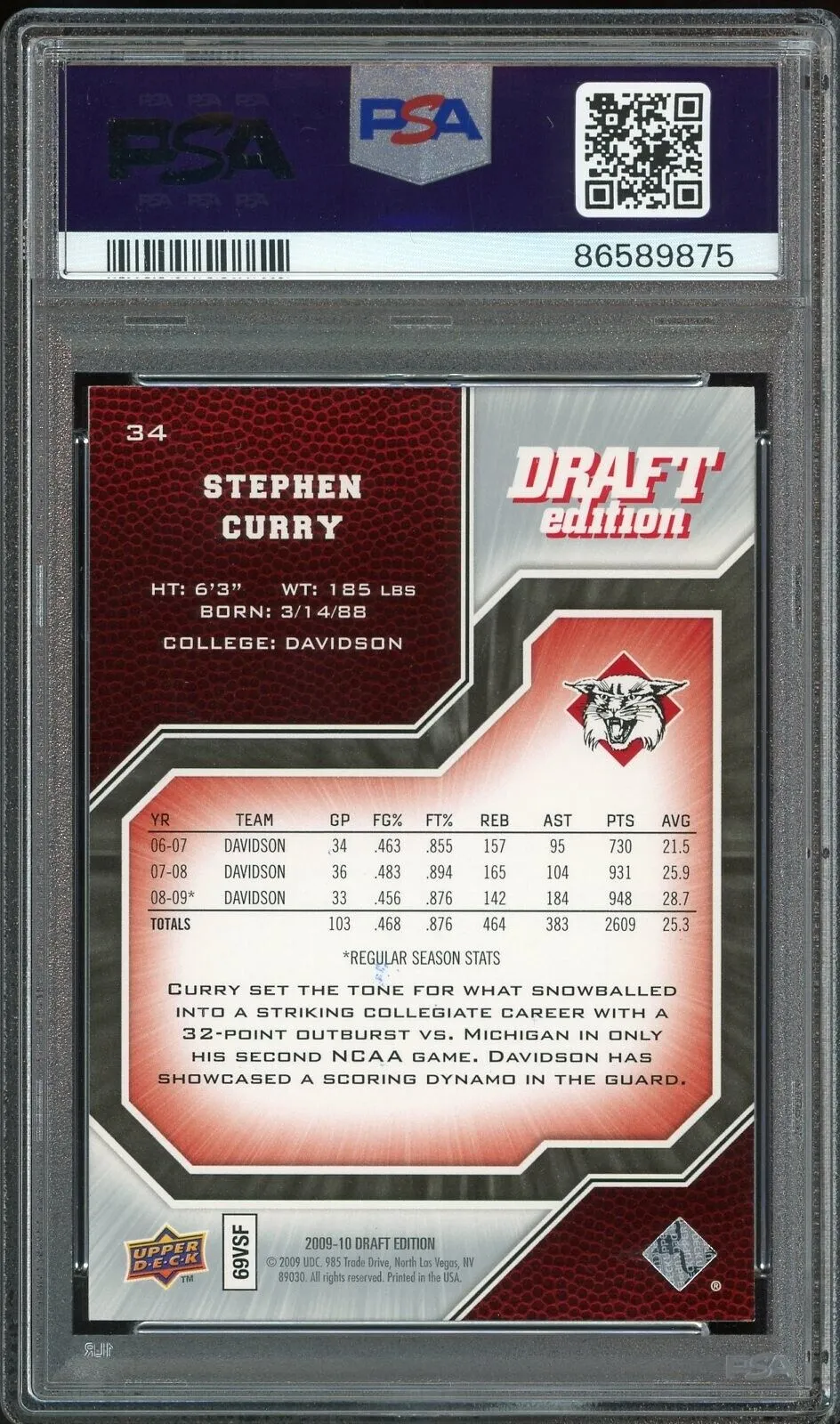 2009 UD Draft Edition #34 Stephen Curry RC On Card PSA 10/10 Auto GEM MINT