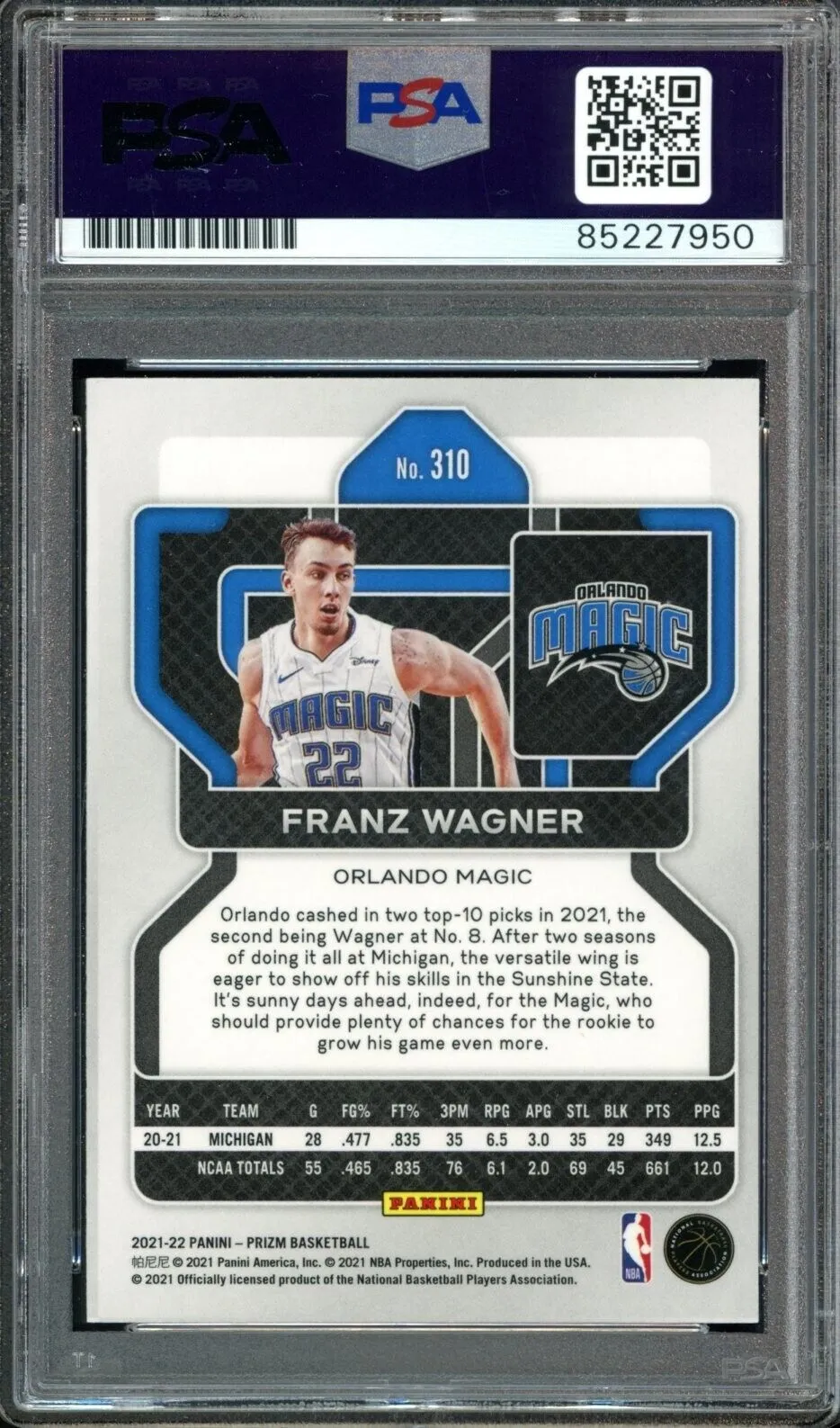 2021 Panini Prizm #310 Franz Wagner RC On Card Blue Ink PSA/DNA Auto GEM MINT 10