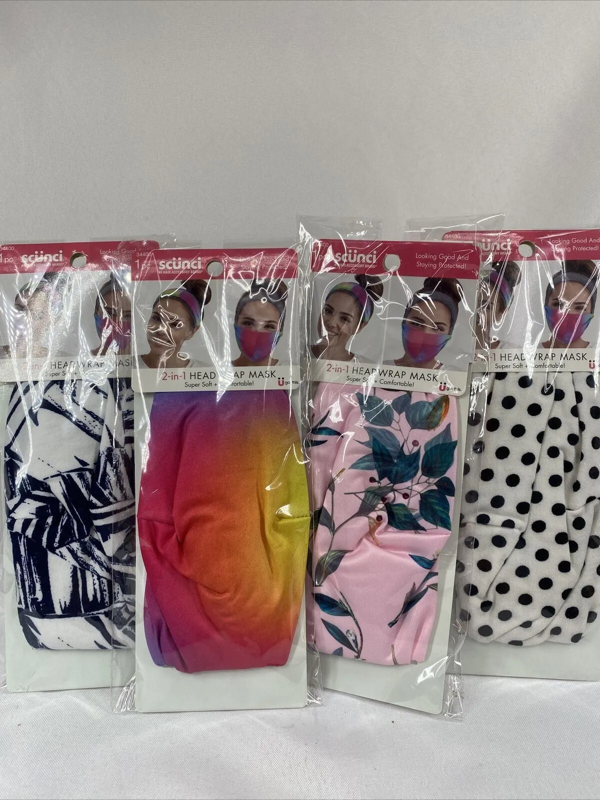 (4) SCUNCI Headwrap Mask 2 in 1 multicolor soft & comfortable Polka Dot Floral
