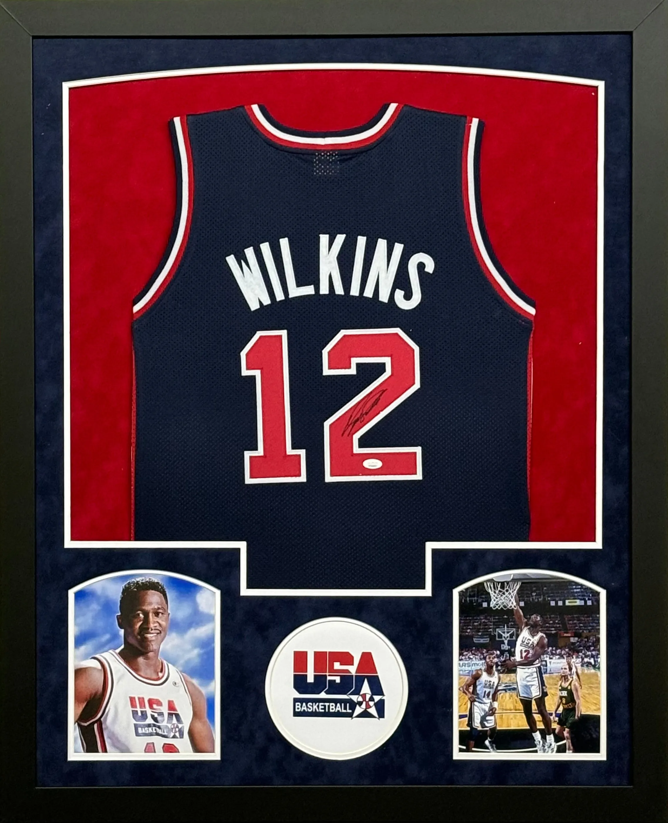 Atlanta Hawks Dominique Wilkins Hand Signed Autographed Team USA Custom Navy Jersey Framed & Double Suede Matted with JSA COA