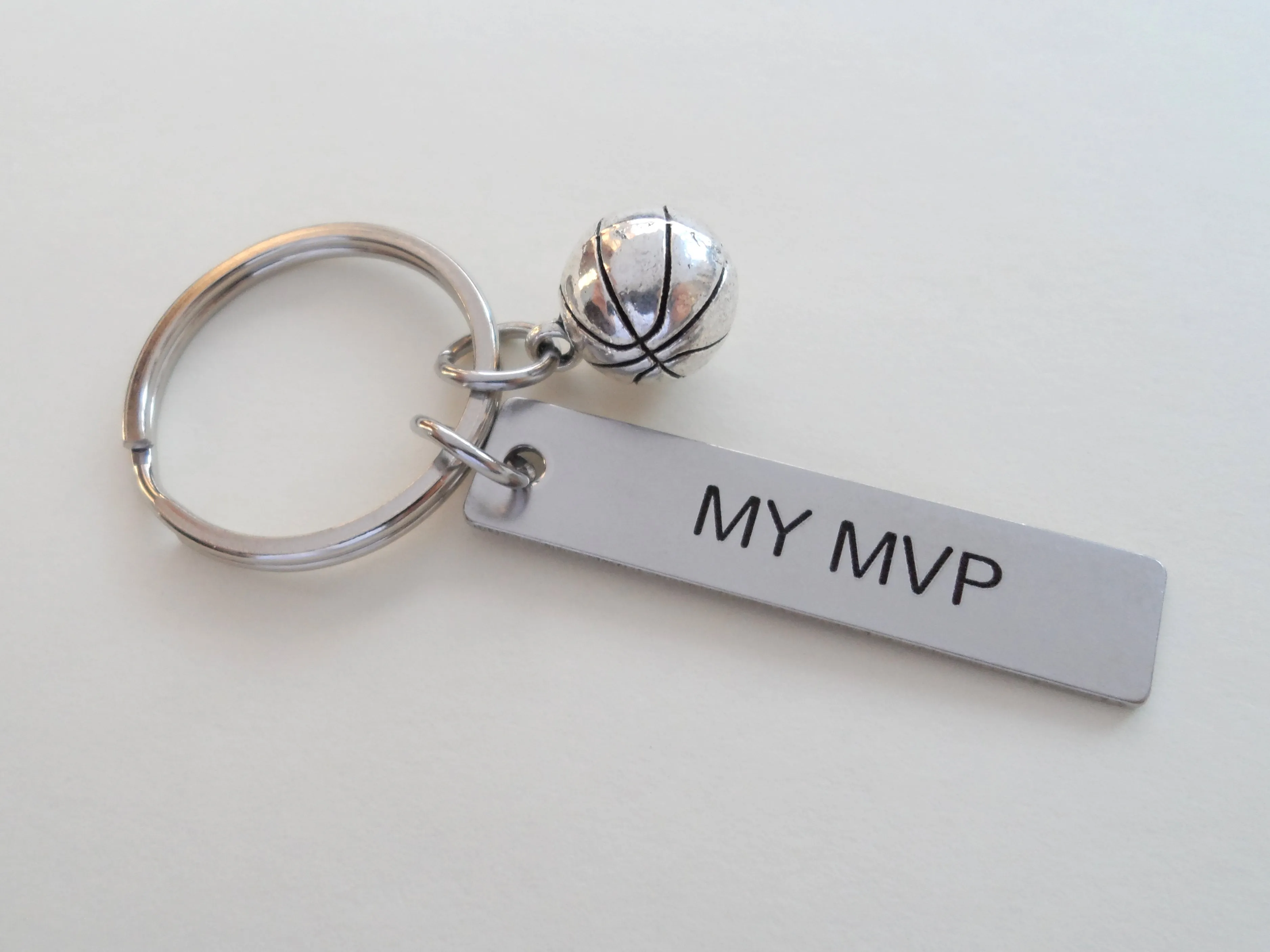 Basketball Keychian and Steel Tag Engraved with "My MVP", Basketball Fan Keychain Gift