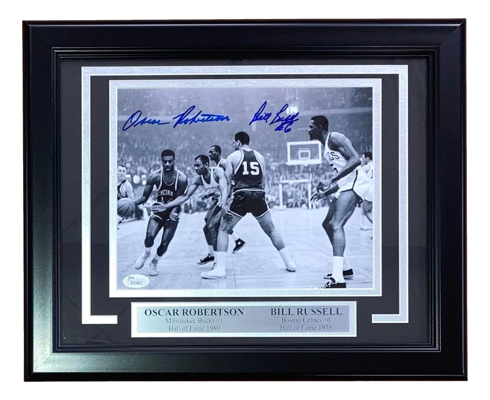 Bill Russell Oscar Robertson Signed Framed 8x10 Celtics vs Bucks Photo JSA HC