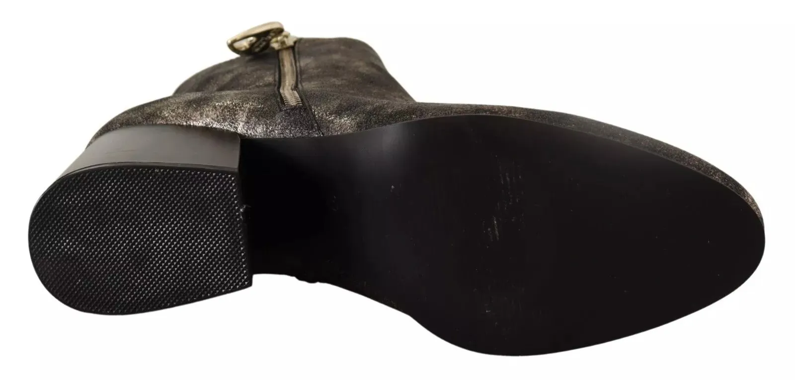 Black Leather Block Heels Ankle Boots Zipper Shoes