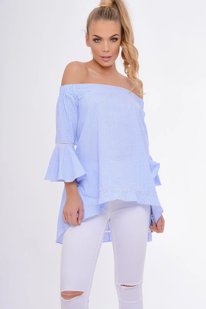 Blue Gingham Frill Sleeve Bardot Top - Kiana