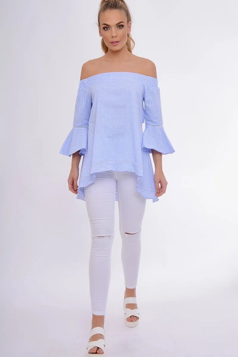 Blue Gingham Frill Sleeve Bardot Top - Kiana