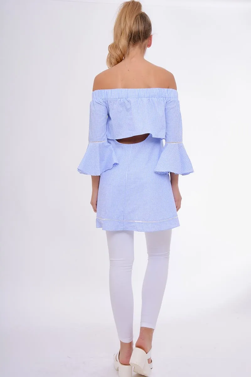 Blue Gingham Frill Sleeve Bardot Top - Kiana