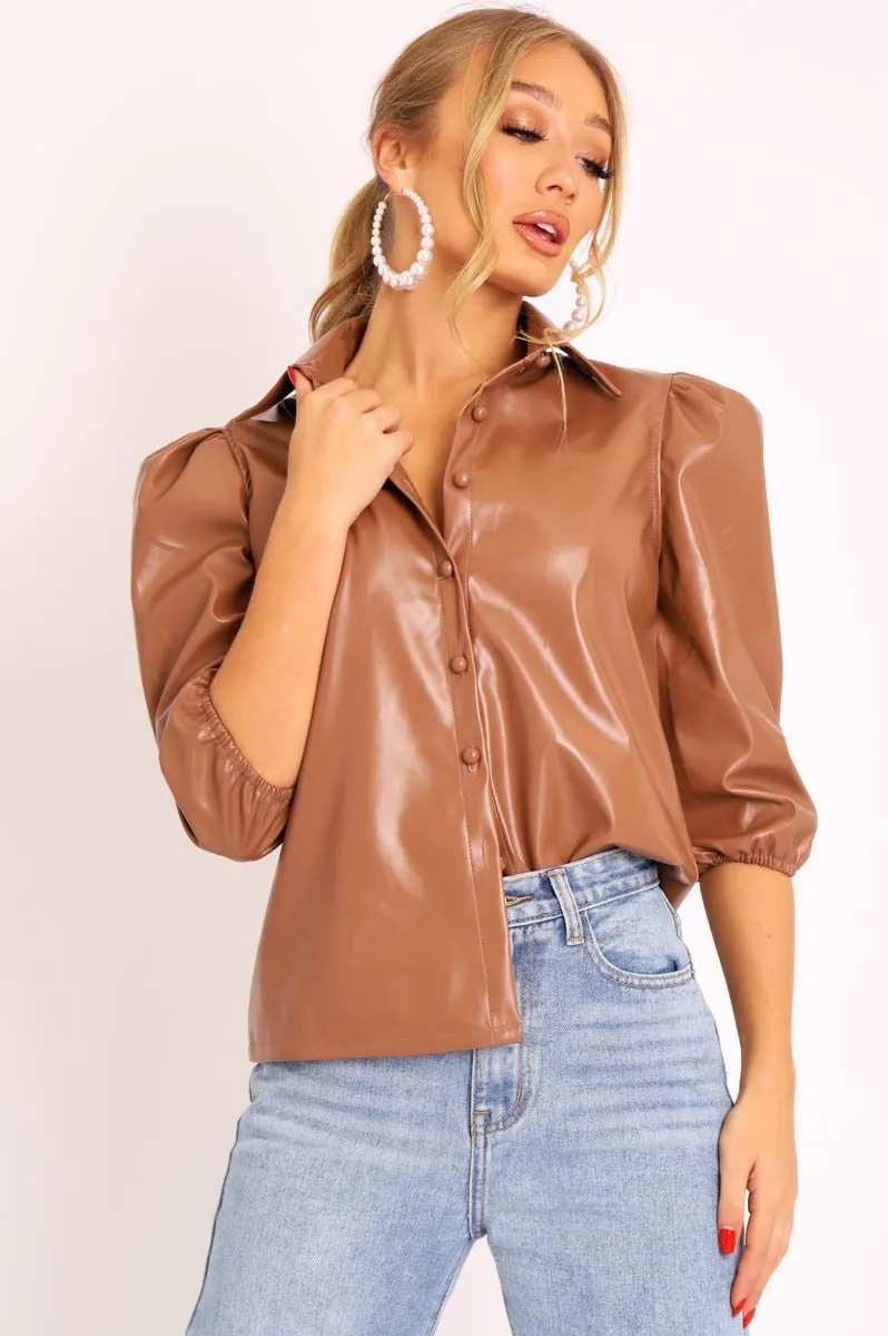 Camel PU leather 3/4 Puff Sleeve Shirt - Pyper