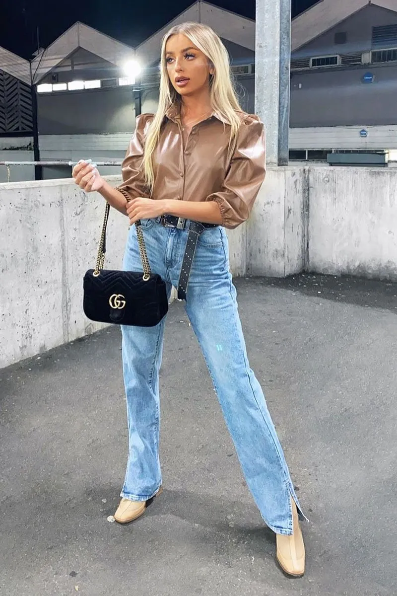 Camel PU leather 3/4 Puff Sleeve Shirt - Pyper