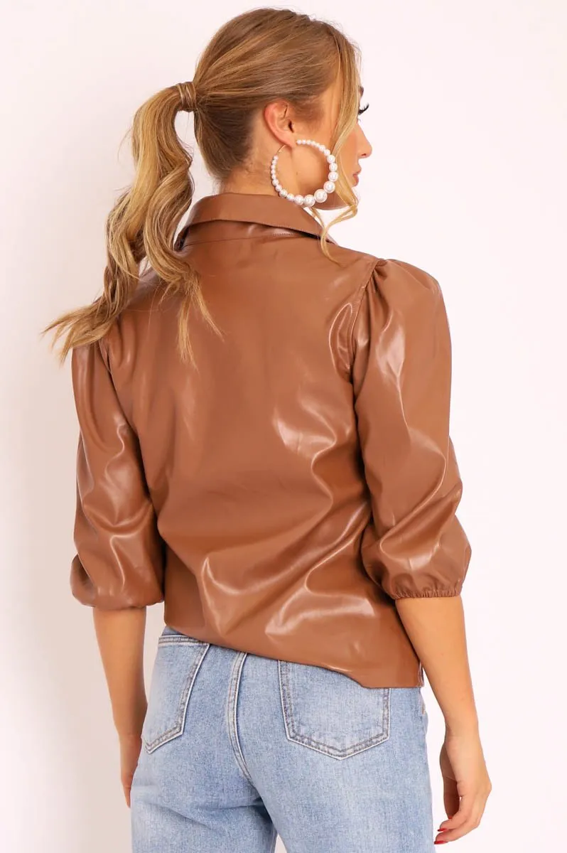 Camel PU leather 3/4 Puff Sleeve Shirt - Pyper