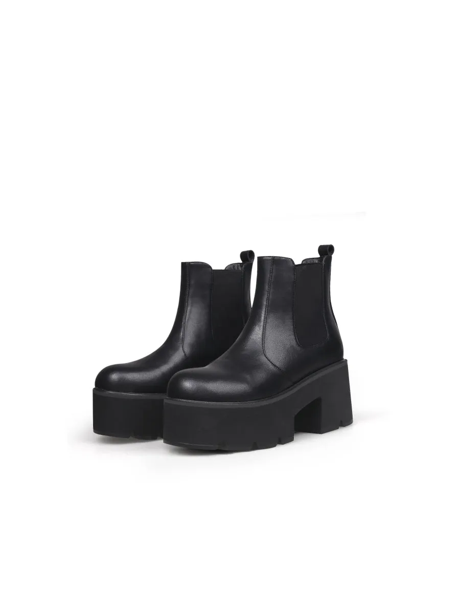 Chunky Heel Shine Black Chelsea Genuine Leather Boots