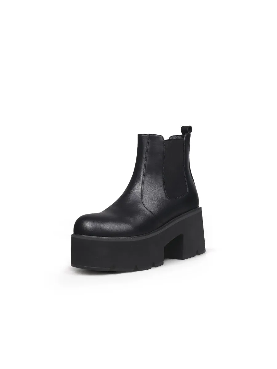 Chunky Heel Shine Black Chelsea Genuine Leather Boots