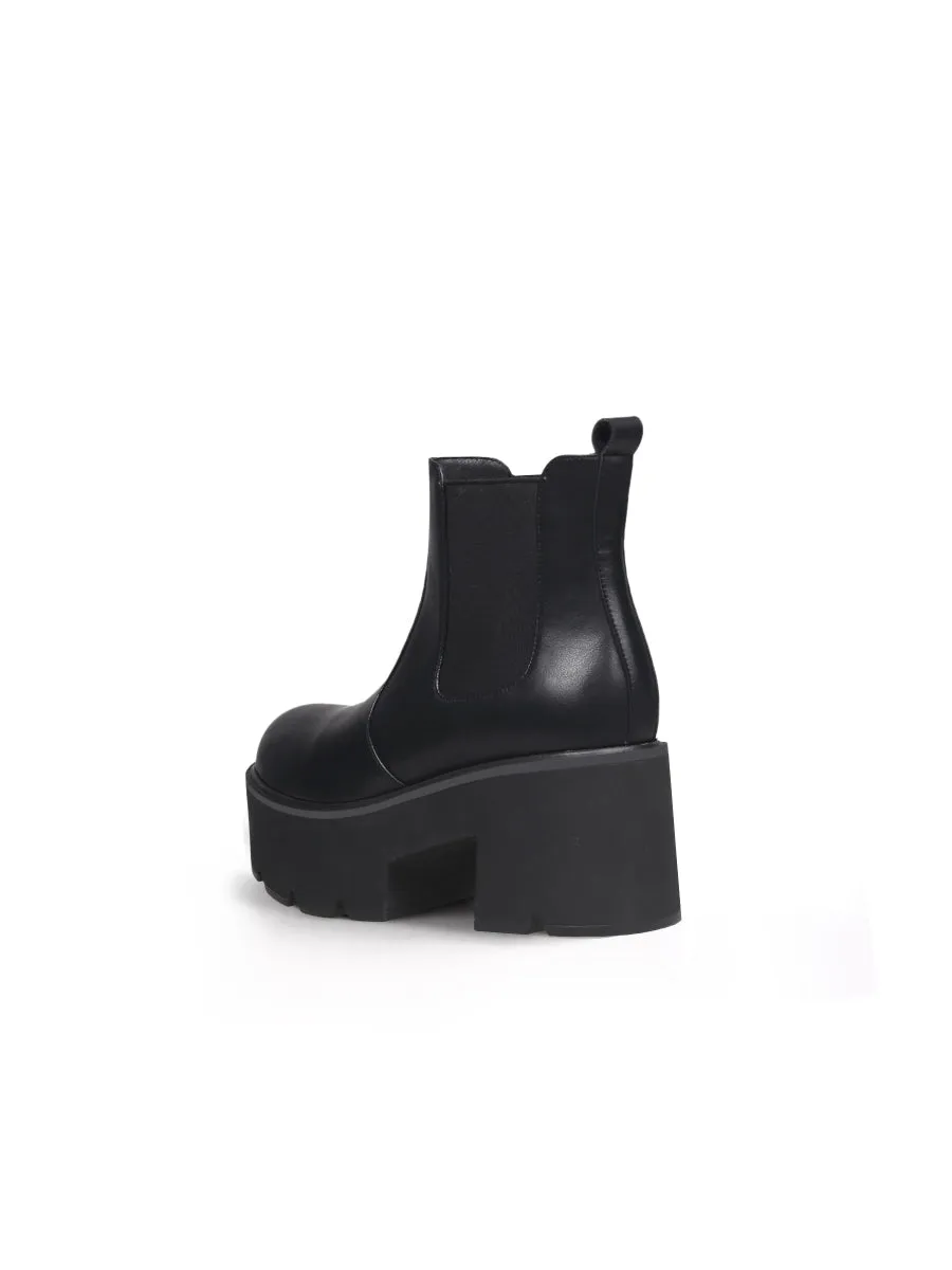 Chunky Heel Shine Black Chelsea Genuine Leather Boots