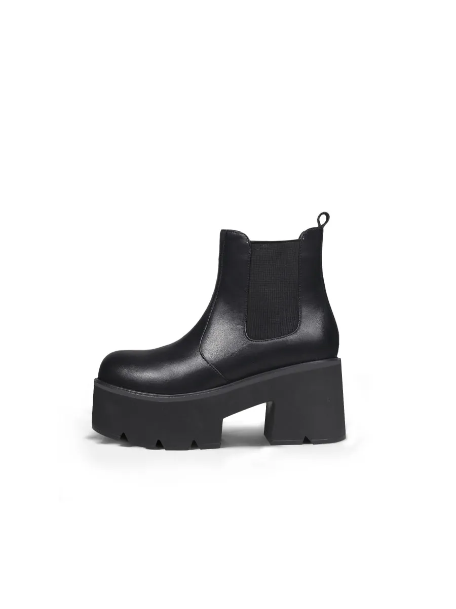 Chunky Heel Shine Black Chelsea Genuine Leather Boots