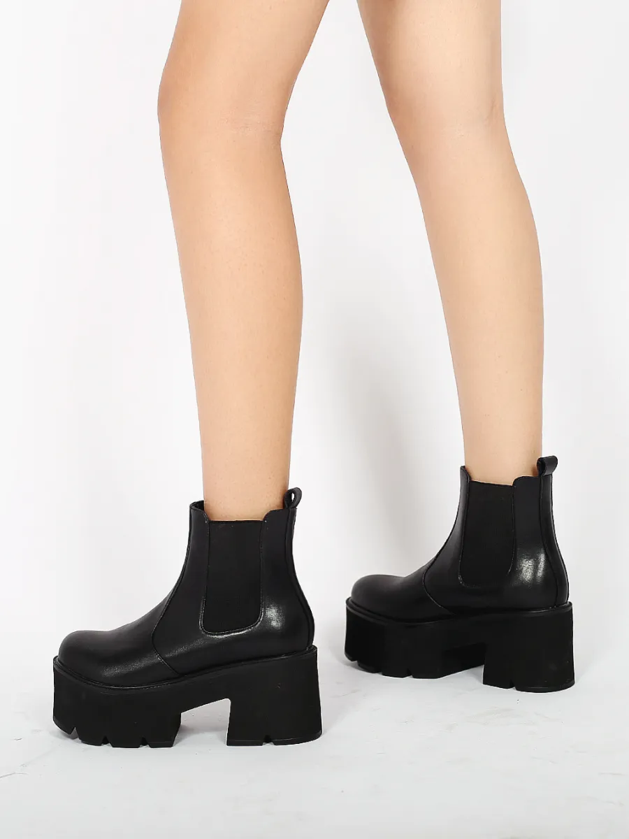 Chunky Heel Shine Black Chelsea Genuine Leather Boots