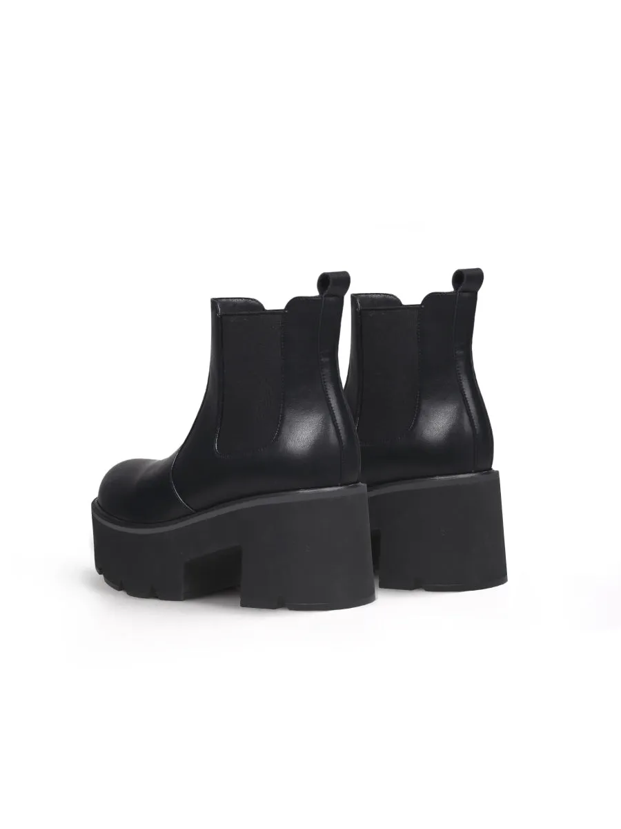 Chunky Heel Shine Black Chelsea Genuine Leather Boots
