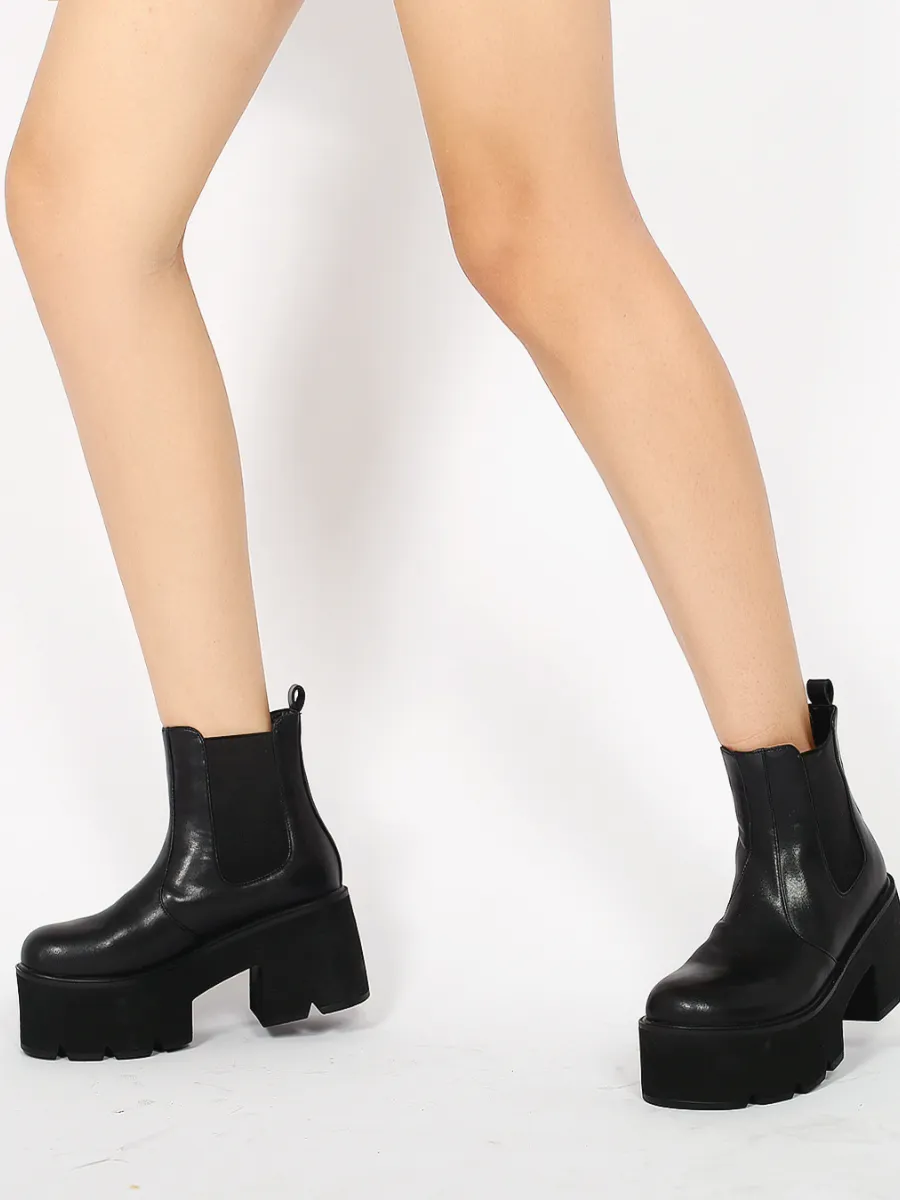 Chunky Heel Shine Black Chelsea Genuine Leather Boots