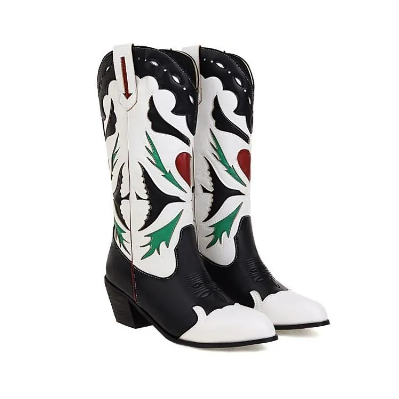 Customized Black And White Contrast Leather Western Boots