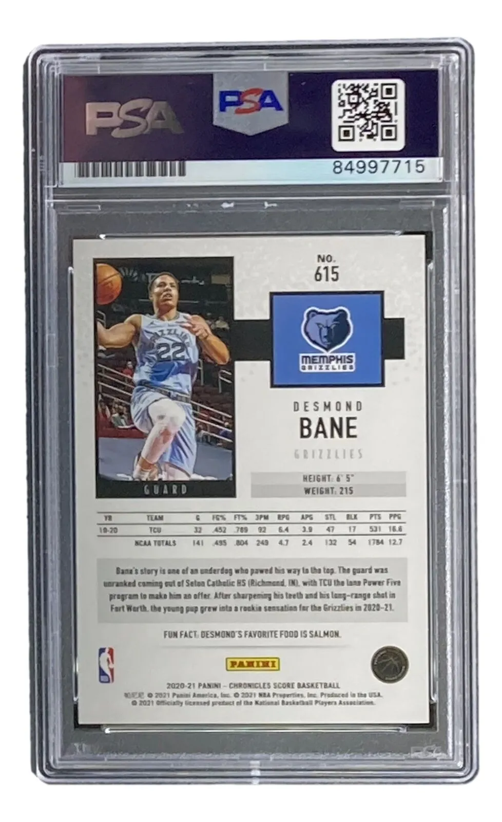 Desmond Bane Signed 2020 Panini Score #615 Rookie Card PSA/DNA Gem MT 10
