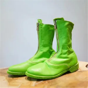 Fashion Zipped Boots Fall  Fluorescent Green Soft Leather Round Toe Flat Heel Riding Motorcycle Boots кроссовки женские