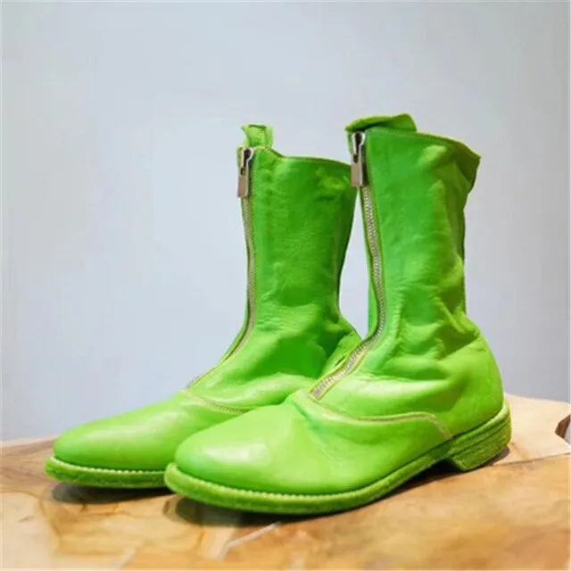 Fashion Zipped Boots Fall  Fluorescent Green Soft Leather Round Toe Flat Heel Riding Motorcycle Boots кроссовки женские