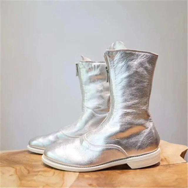 Fashion Zipped Boots Fall  Fluorescent Green Soft Leather Round Toe Flat Heel Riding Motorcycle Boots кроссовки женские