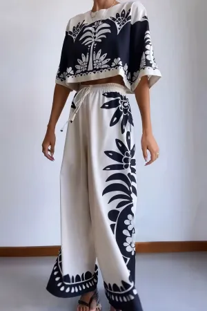 Floral Two-Piece Set with Wide-Leg Pants