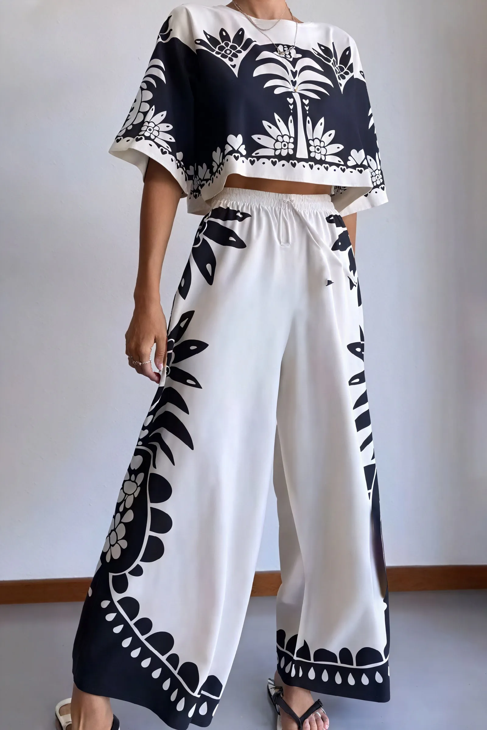 Floral Two-Piece Set with Wide-Leg Pants