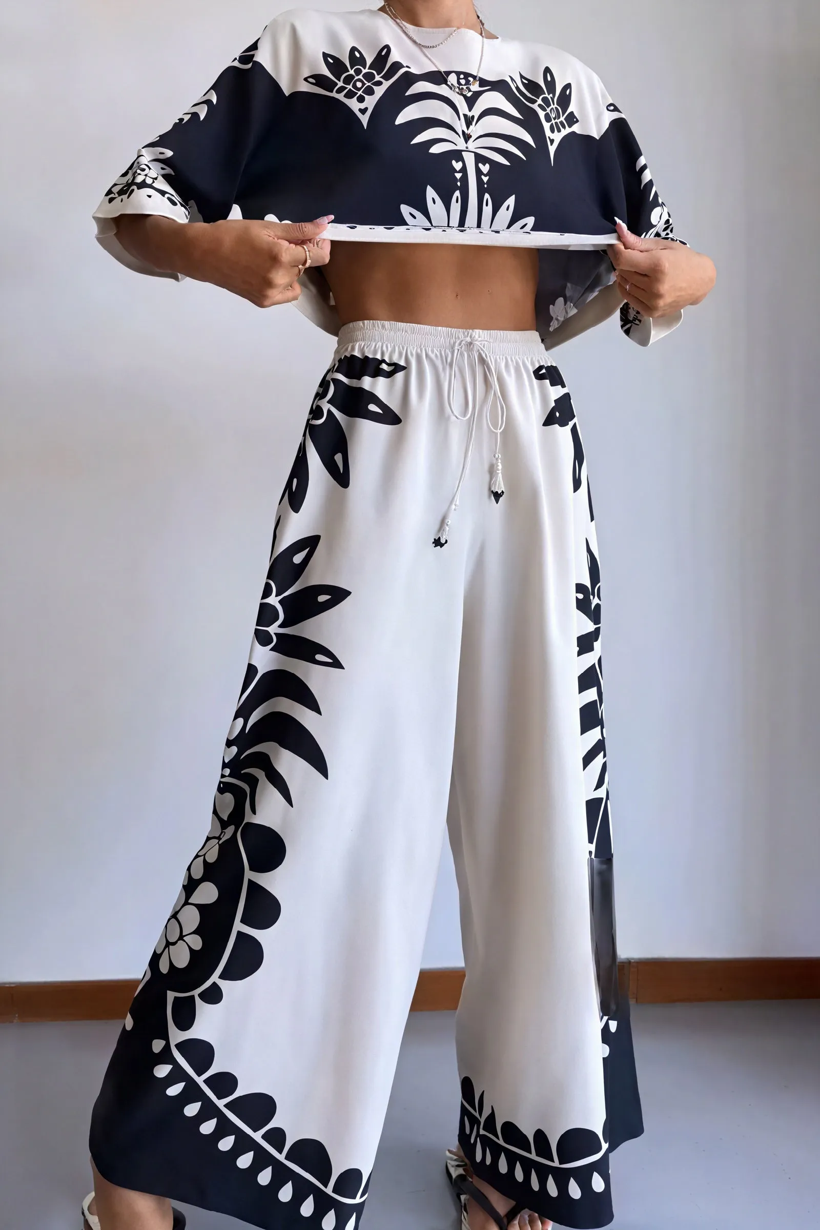 Floral Two-Piece Set with Wide-Leg Pants