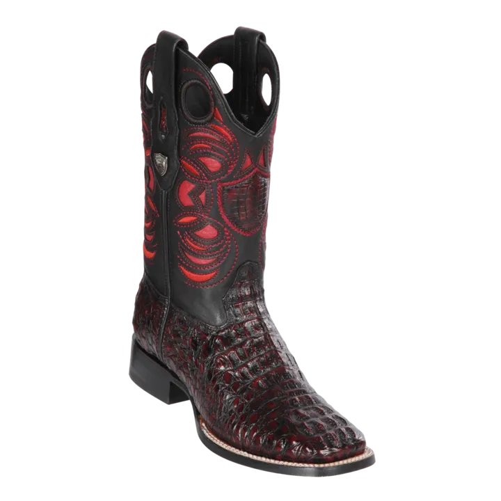 Genuine Caiman Hornback Wide Square Toe Boot in BlackCherry