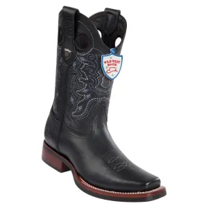 Genuine Leather Square Toe Boot with Rubber Outsole in Pull Up Black