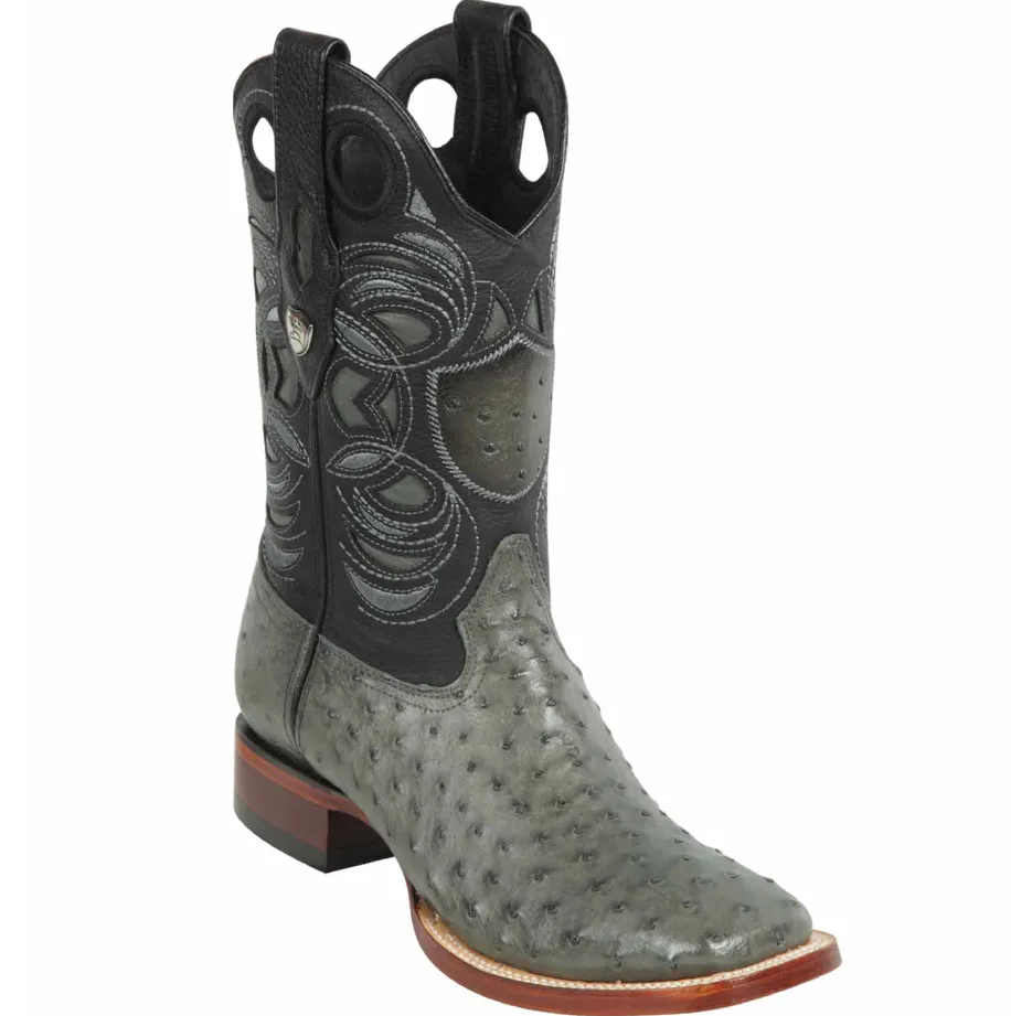 Genuine Ostrich Wide Square Toe Boot in Gray