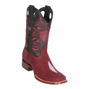 Genuine Single Stone Stingray Wide Square Toe Boot in Burgundy