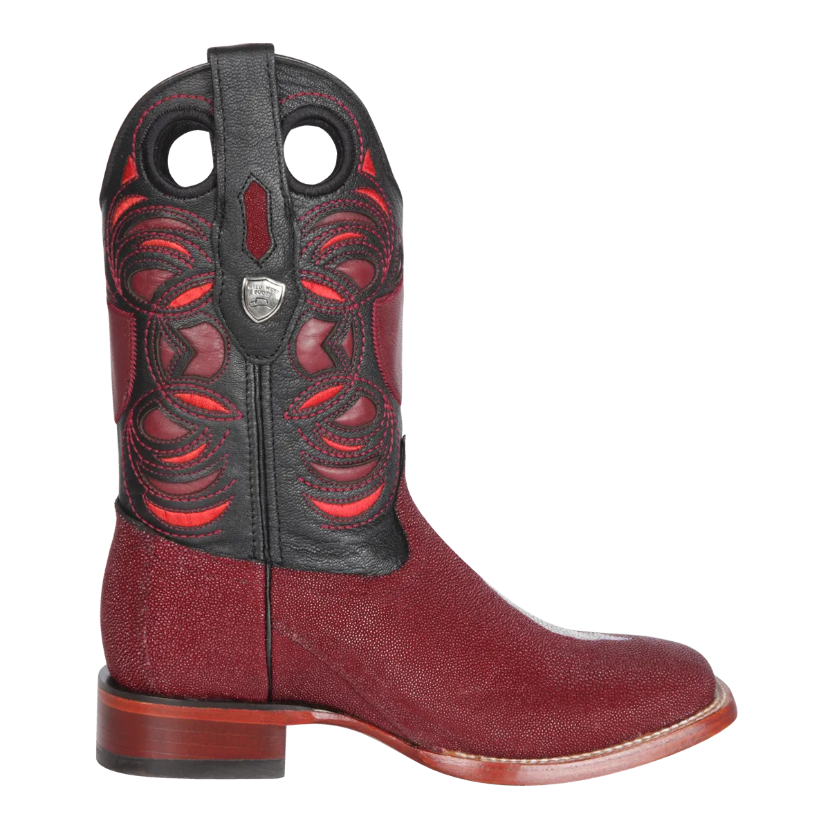 Genuine Single Stone Stingray Wide Square Toe Boot in Burgundy