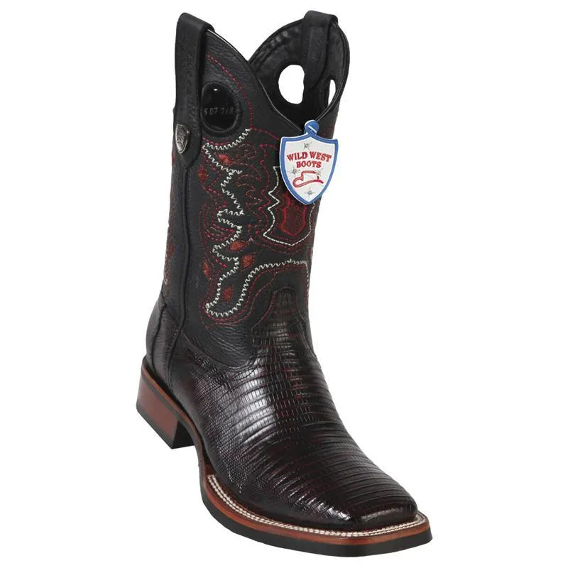 Genuine Teju Lizard Wide Square Toe Boot with Rubber outsole in Black Cherry