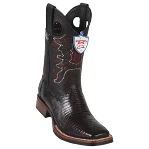Genuine Teju Lizard Wide Square Toe Boot with Rubber outsole in Black Cherry