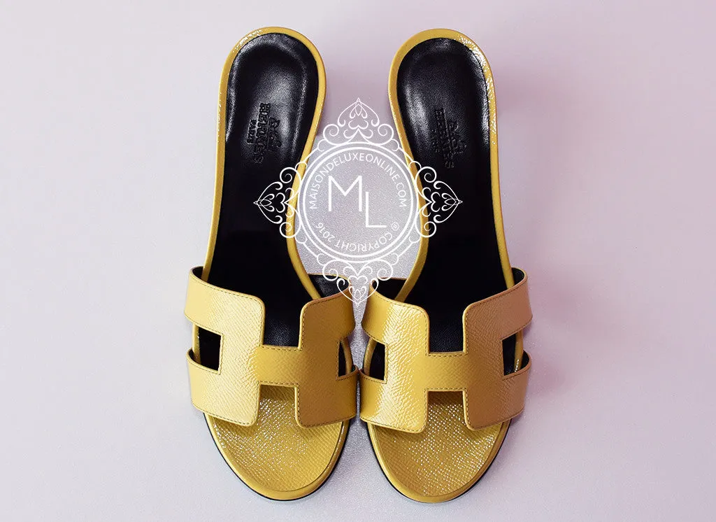 Hermes Womens Jaune Poussi Oasis Patent Sandal Slipper 36.5 Shoes