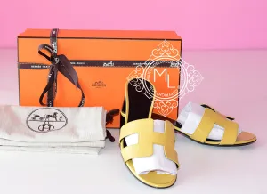 Hermes Womens Jaune Poussi Oasis Patent Sandal Slipper 36.5 Shoes