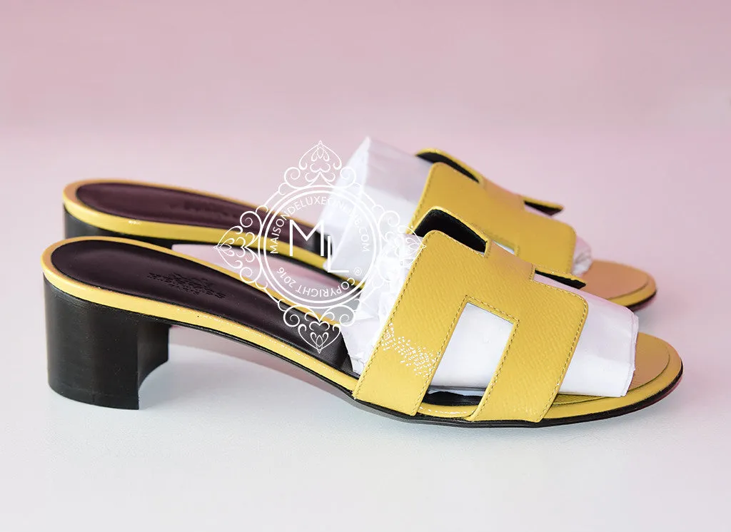 Hermes Womens Jaune Poussi Oasis Patent Sandal Slipper 36.5 Shoes