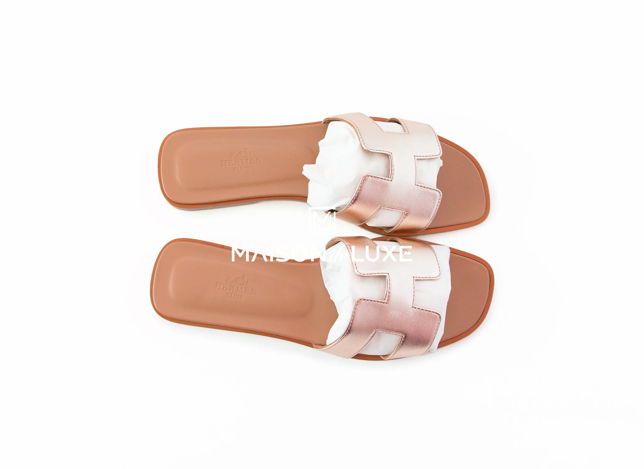 Hermes Women's Metallic Rose Dore Oran Sandal Slipper 38 Shoes