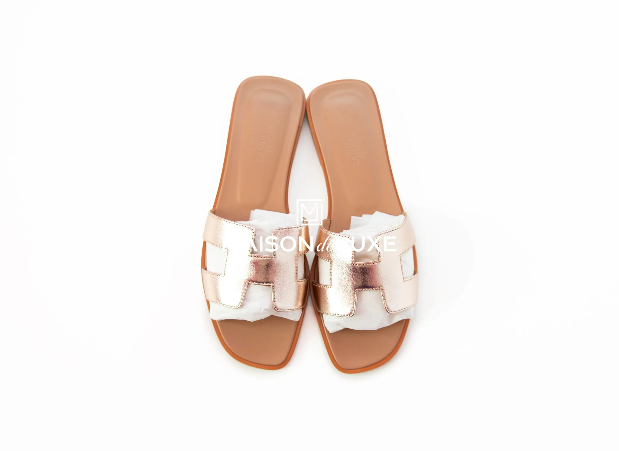 Hermes Women's Metallic Rose Dore Oran Sandal Slipper 38 Shoes