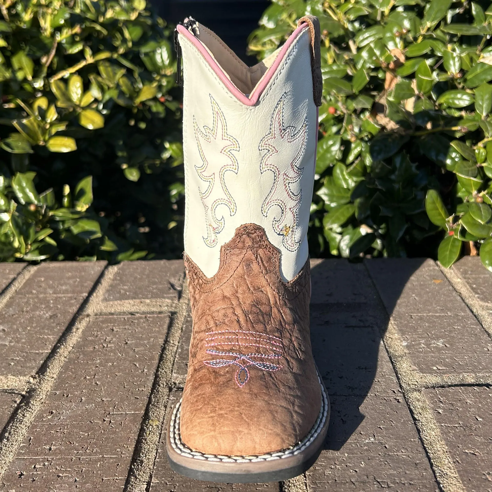 Infant Girls Broad Square Toe White/Brown Leather Zip Cowboy Boots