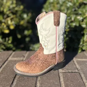 Infant Girls Broad Square Toe White/Brown Leather Zip Cowboy Boots