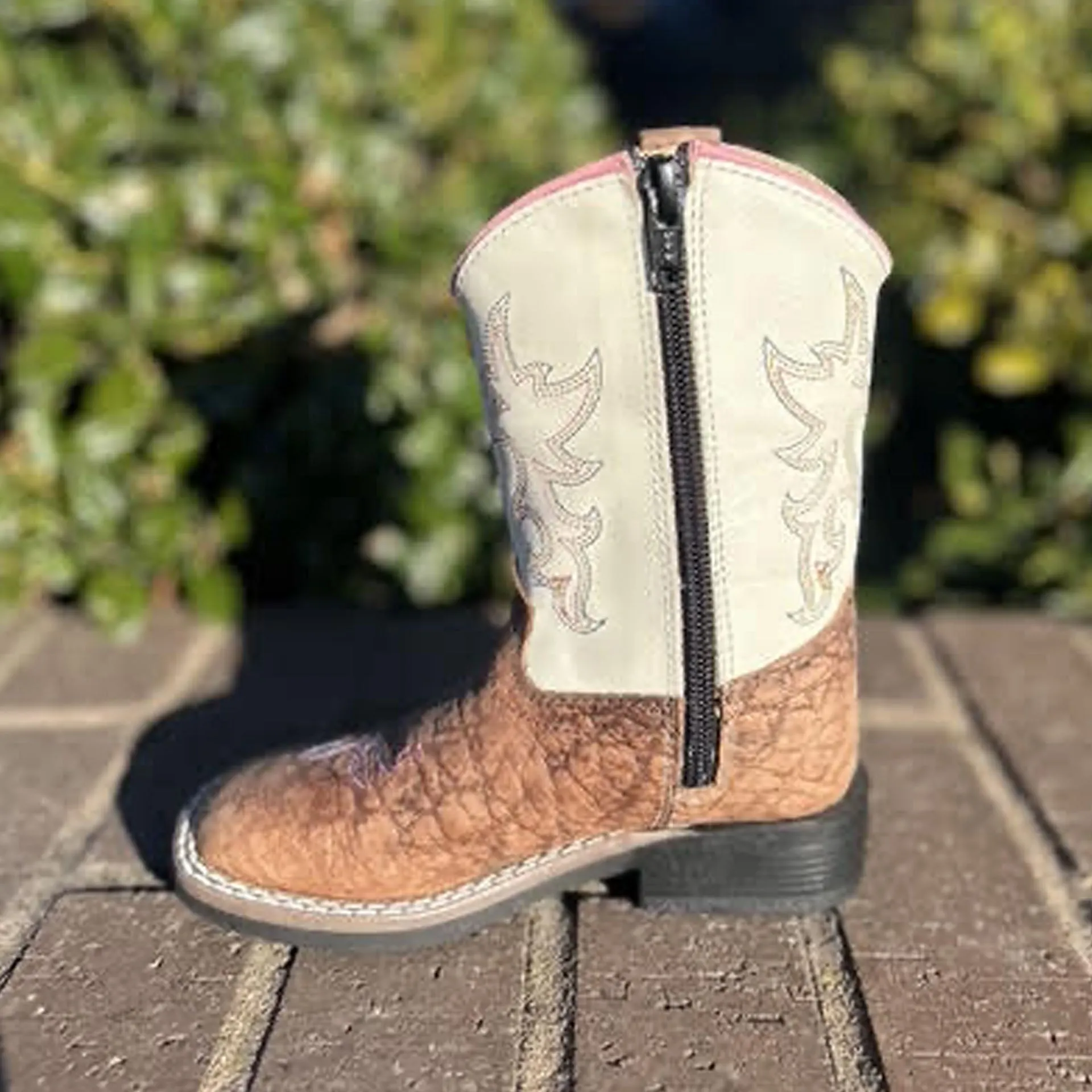 Infant Girls Broad Square Toe White/Brown Leather Zip Cowboy Boots