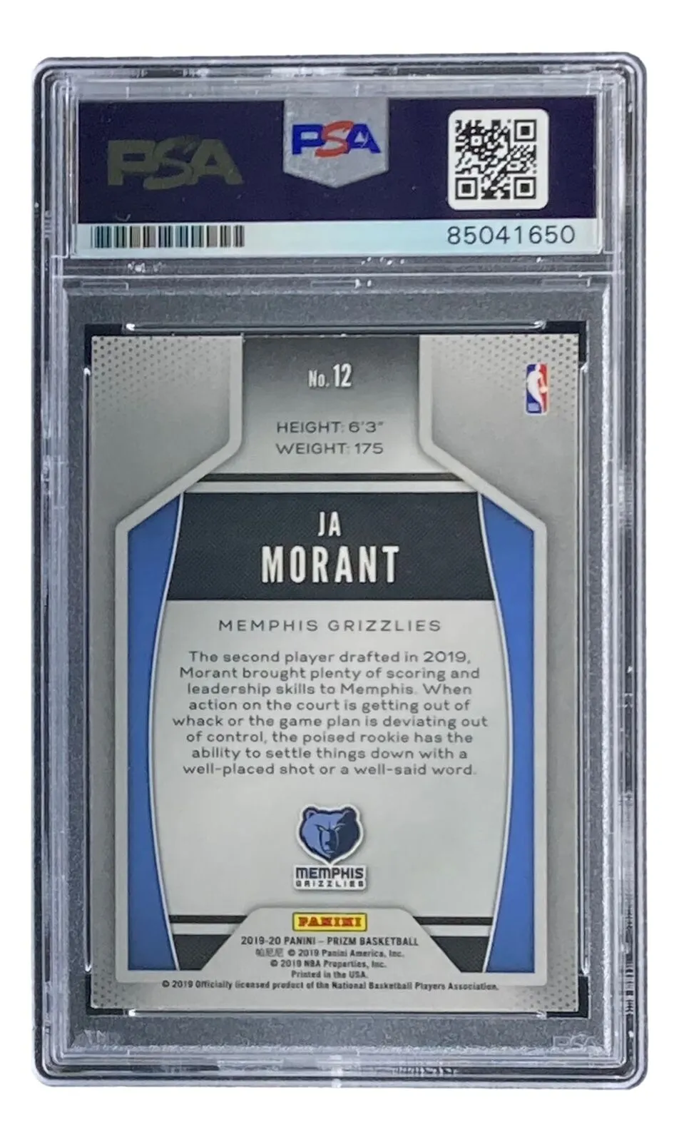 Ja Morant Signed 2019-20 Panini Prizm #12 Grizzlies Rookie Card PSA/DNA