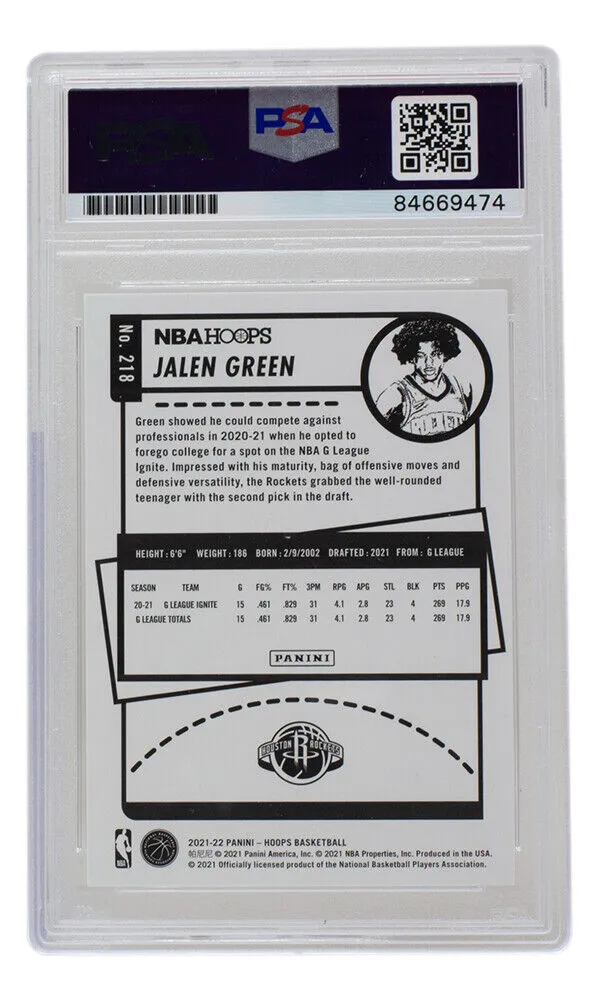 Jalen Green Signed Rockets 2021-22 NBA Hoops Rookie Card #218 PSA/DNA Auto Gem