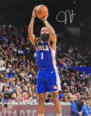 James Harden Signed 16x20 Philadelphia 76ers Blue Jersey Photo BAS ITP